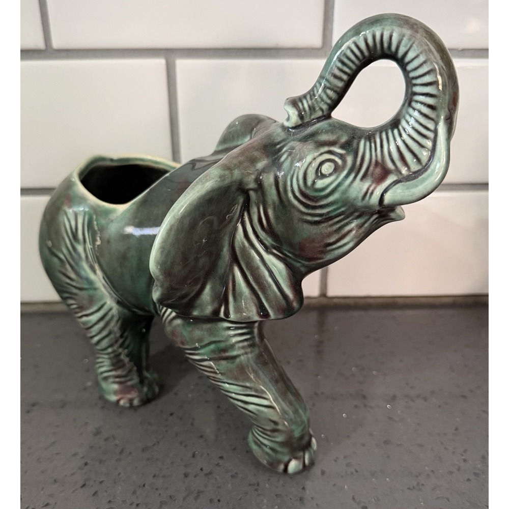 Elephant Planter Bowl Trunk Up Green‎ Majolica Pottery Lucky Bamboo Plant